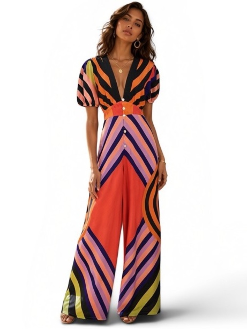 FARM Rio Deep V Wide Leg Jumpsuit Colorful Geometric Button Front Pockets Sz XL
